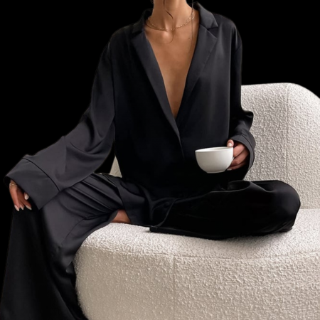 NIGHT WEAR - Pijama de dama satinata lejera negru ''SERENA''