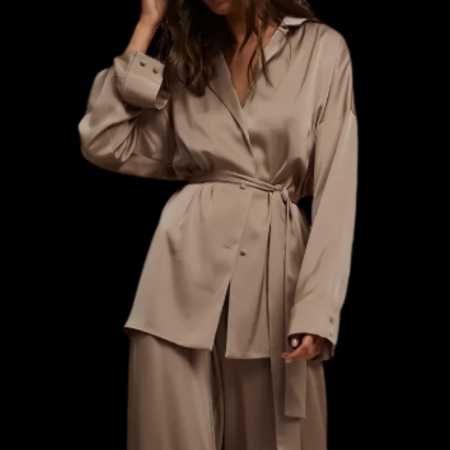 NIGHT WEAR - Pijama de dama satinata nude brown cu cordon in talie''SOPHIA''