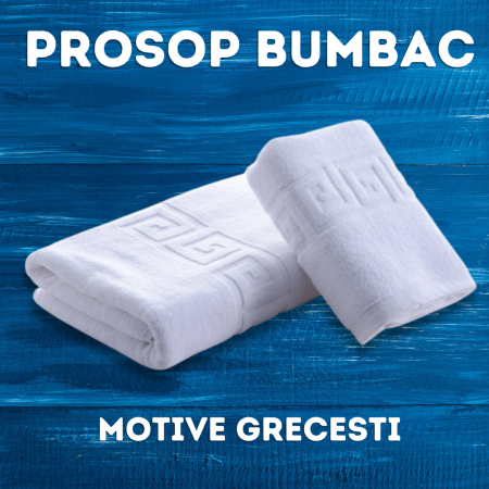 PROSOP DE BUMBAC 50X90 - MOTIV GRECESC - GROSIME 450GR. - ALB