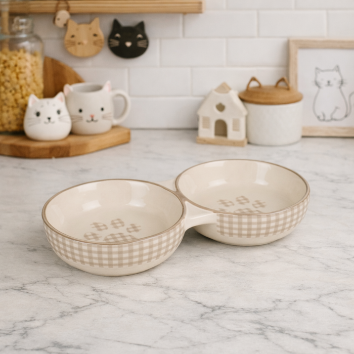 CASTRON DUBLU DIN CERAMICA PENTRU PISICI FLAMINGO MYLO ALB-CREM 2x11CMx145ML [2]