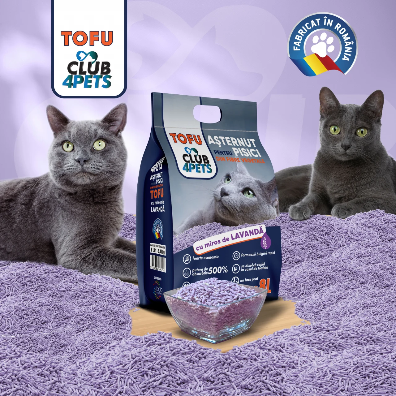 CLUB4PETS Asternut igienic pentru pisici, Tofu Lavanda 8L, 3.3kg [2]