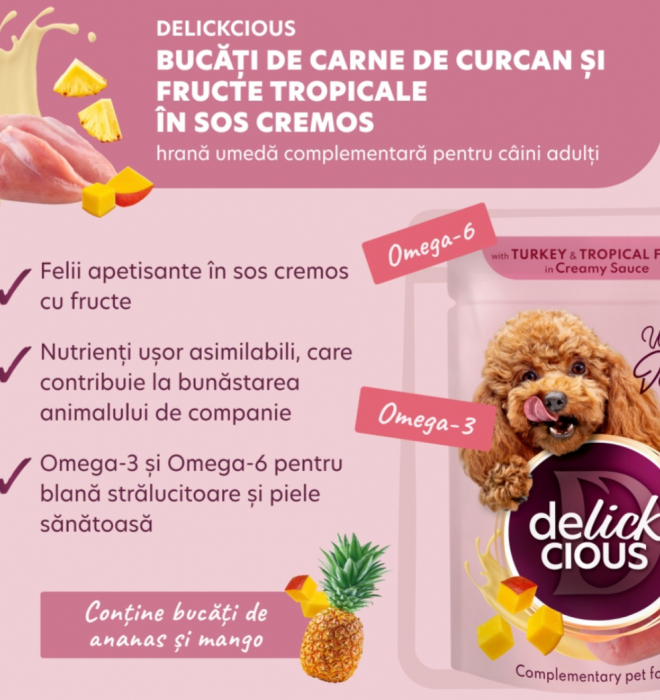 Delickcious. Curcan și fructe tropicale în sos cremos, 85 g. [3]