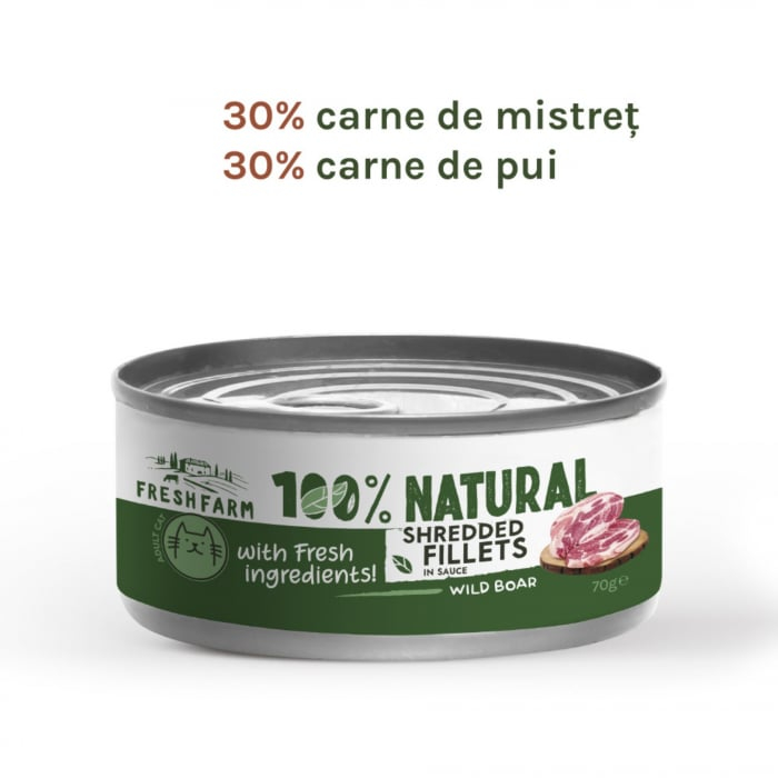 Fresh Farm Shreddet Fillet, cu mistret si pui in sos, hrana umeda pentru pisici, fara cereale, 70 g [1]