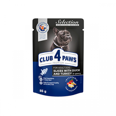CAINI - Hrana umeda completa Club 4 Paws Premium Selection pentru caini de talie mica- Bucati da rata si curcan 85 gr
