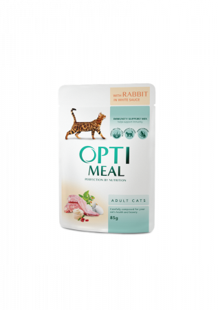 OPTIMEAL™. Hrana umeda completă pentru pisicile adulte cu carne de iepure în sos alb 85gr