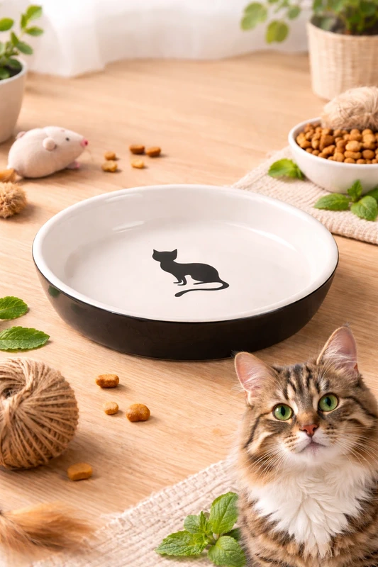 ACCESORII - CASTRON DIN CERAMICA PENTRU PISICI FLAMINGO NALA ALB-NEGRU 15CMx180ML