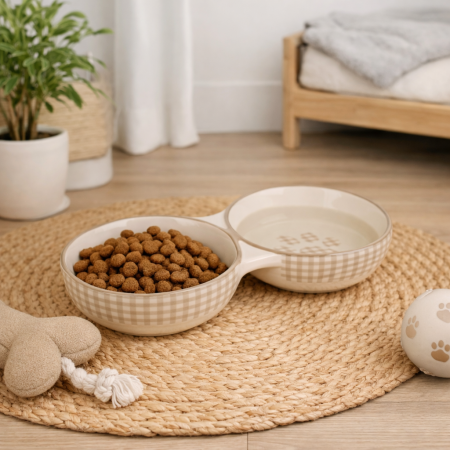 ACCESORII - CASTRON DUBLU DIN CERAMICA PENTRU PISICI FLAMINGO MYLO ALB-CREM 2x11CMx145ML