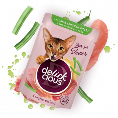 PISICI - Delickcious. Miel, piept de pui și fasole verde în gelatină, 85 g.