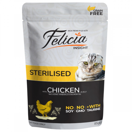 PISICI - FELICIA Sterilised, Pui, plic hrană umedă fără cereale pisici sterilizate, (în aspic), 85g