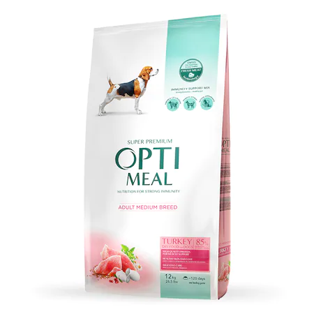 OPTIMEAL SUPERPREMIUM - Hrana uscata completa Optimeal pentru caini adulti de talie medie, Curcan, 12kg
