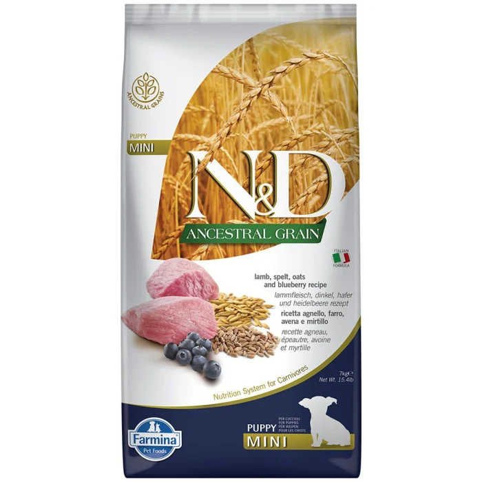 CAINI - Hrana uscata ND Ancestral Grain Dog Lamb, Spelt, Oats and Blueberry Adult Mini 7 kg