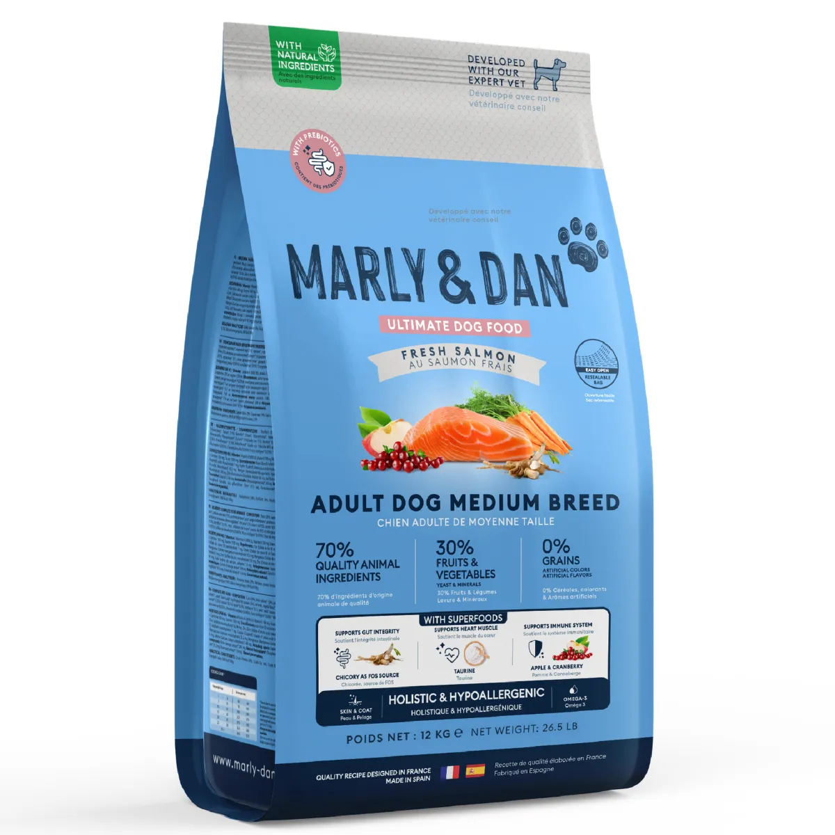 MARLY&DAN - Hrană uscată pentru câini adulți (rasă medie), 12 kg