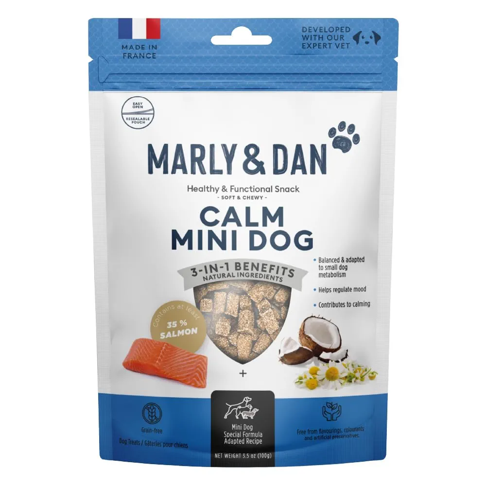 RECOMPENSE - MARLY&DAN Calme Mini Dog, XS-S, Somon, punguță recompense funcționale fără cereale câini, sistem nervos & calmante, 50g
