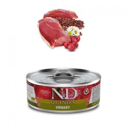 DIETE VETERINARE - N&D Quinoa Adult Urinary, Rață, conservă hrană umedă fără cereale pisici, sistem urinar, (în sos), 80g