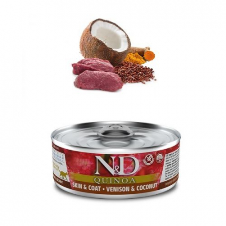 DIETE VETERINARE - N&D Quinoa Skin&Coat, Vânat și Cocos, conservă hrană umedă fără cereale pisici, piele & blană, (în sos), 80g