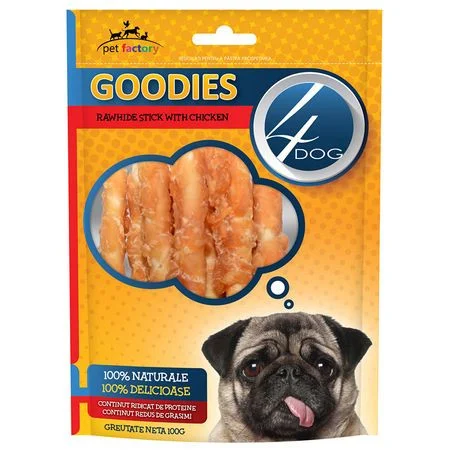 RECOMPENSE - Recompense pentru caini, 4Dog Goodies Rawhide Sticks with Chicken, 100G