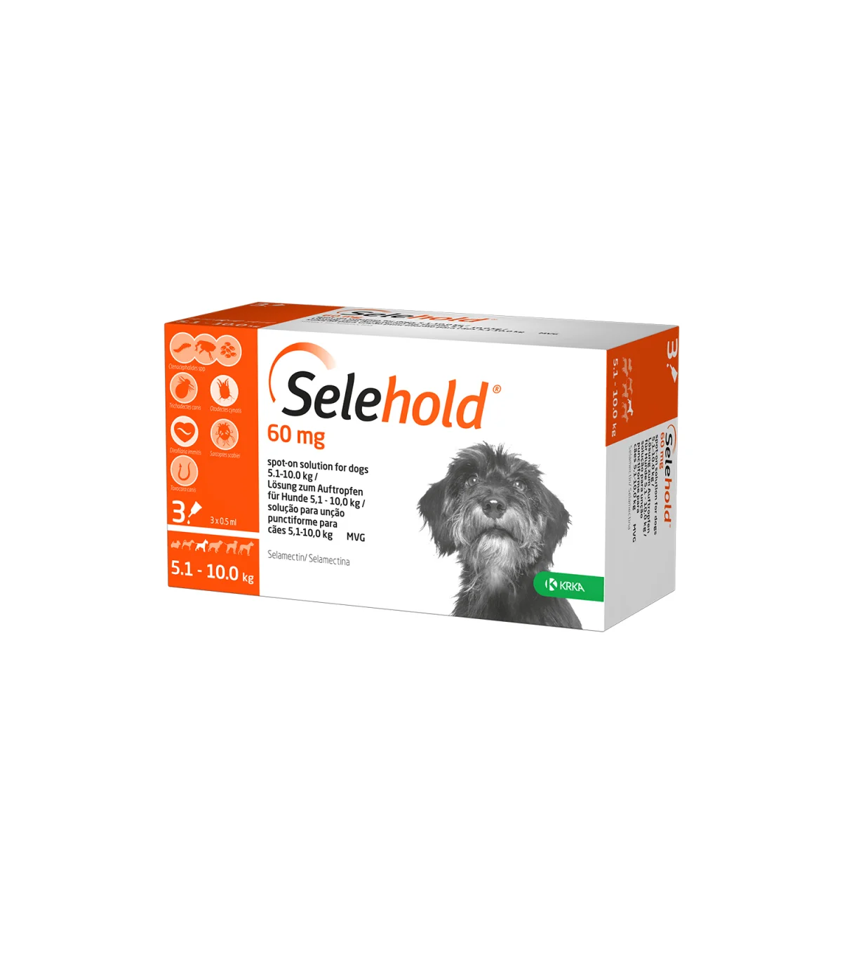 Deparazitari Caini - Selehold Dog 60 mg antiparazitar extern si intern caini talie mica (5.1-10 kg), 1  pipete