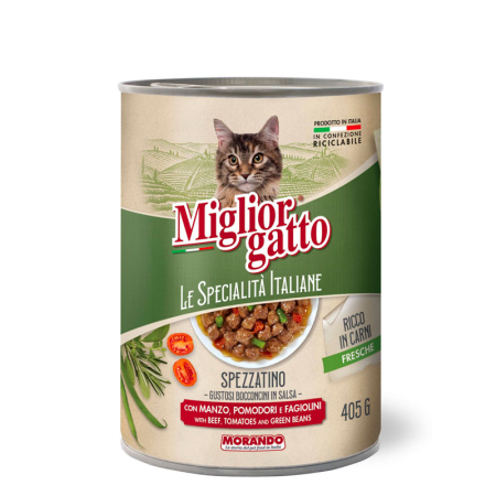 MORANDO - Spezzatino (tocană) – Bucăți mici în sos cu carne de vită, roșii și fasole verde, 405 g