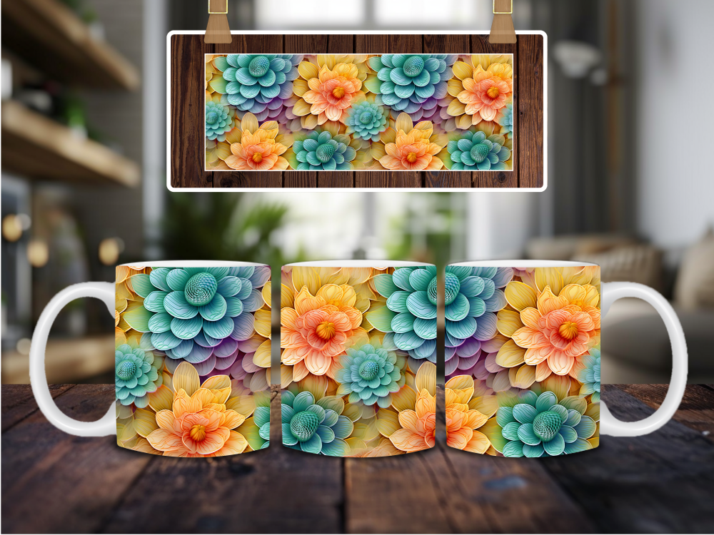 Cană cu flori 3D turcoaz și portocalii [3]