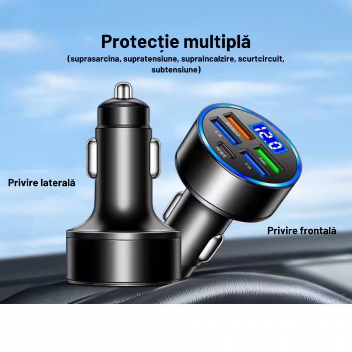 Încărcător auto cu 4 porturi USB + 1 port PD Type-C (QC3.0) cu afișaj digital LED și Încărcare rapidă pentru orice telefon mobil [4]