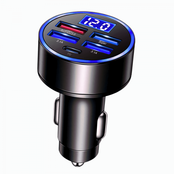 Încărcător auto cu 4 porturi USB + 1 port PD Type-C (QC3.0) cu afișaj digital LED și Încărcare rapidă pentru orice telefon mobil [1]