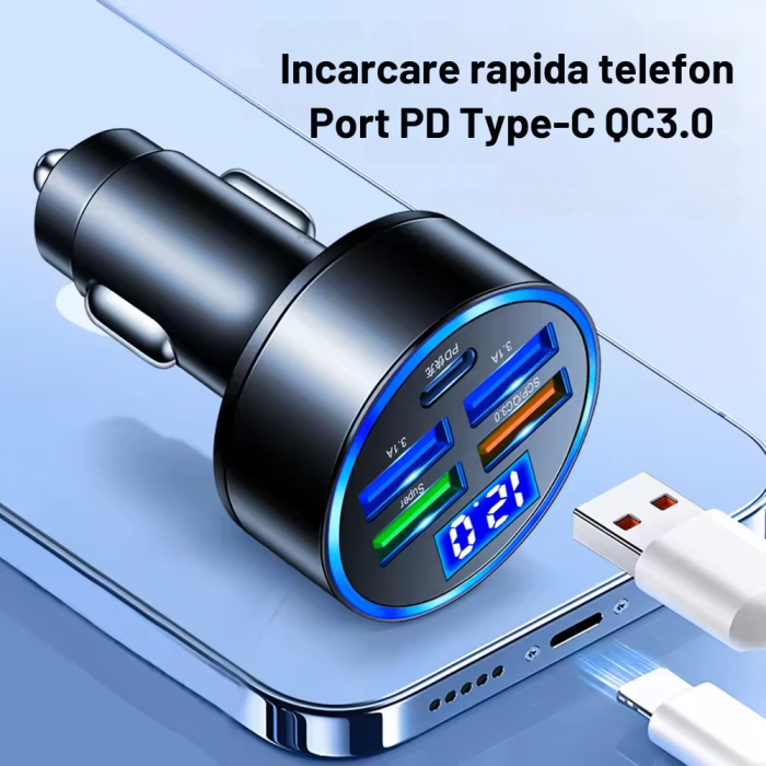 Încărcător auto cu 4 porturi USB + 1 port PD Type-C (QC3.0) cu afișaj digital LED și Încărcare rapidă pentru orice telefon mobil [2]