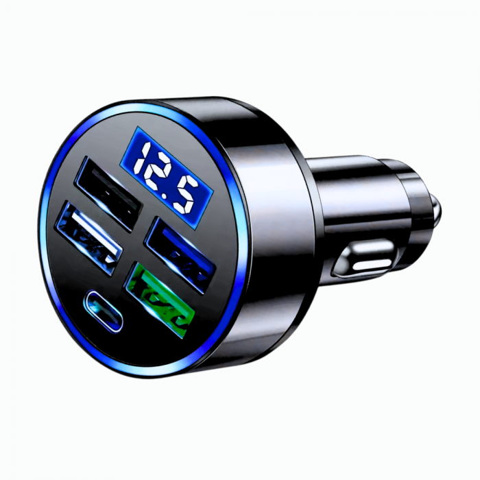 Încărcător auto cu 4 porturi USB + 1 port PD Type-C (QC3.0) cu afișaj digital LED și Încărcare rapidă pentru orice telefon mobil [3]