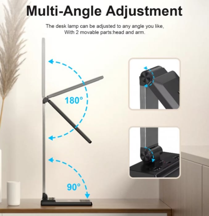 Lampă de birou LED neagră multifuncțională cu încărcare USB și încărcător wireless rapid de 15W, control tactil, ideală pentru birou și acasă. [6]