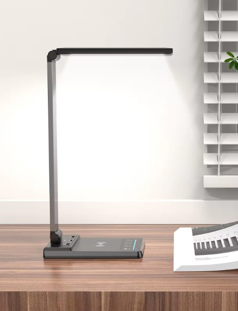 Lampă de birou LED neagră multifuncțională cu încărcare USB și încărcător wireless rapid de 15W, control tactil, ideală pentru birou și acasă. [3]
