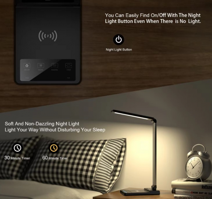Lampă de birou LED neagră multifuncțională cu încărcare USB și încărcător wireless rapid de 15W, control tactil, ideală pentru birou și acasă. [7]