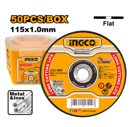 Accesorii pentru scule electrice - Disc abraziv INGCO 115 mm x 1.0 mm x 22.2 mm – Set 50 bucăți | Domag.ro