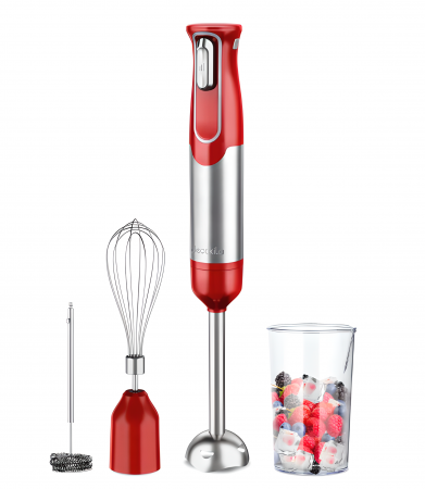 Blendere și mixere - Blender și Mixer Portabil 4 în 1, 100W, Baterie 2000mAh, Negru/Roșu Inox – Tel, Spumant Lapte, Ceașcă Măsurare