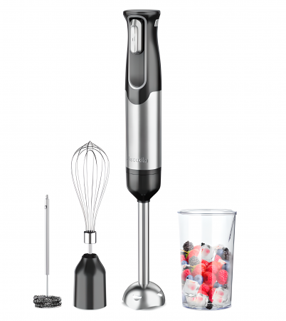 Blendere și mixere - Blender și Mixer Portabil 4 în 1, 100W, Baterie 2000mAh, Negru/Roșu Inox – Tel, Spumant Lapte, Ceașcă Măsurare
