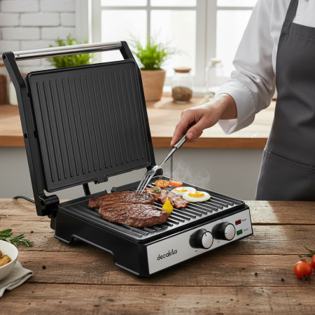 Grătar Electric 2 în 1, 2000W – Plăci Antiaderente, Cronometru și Control Temperatură [3]