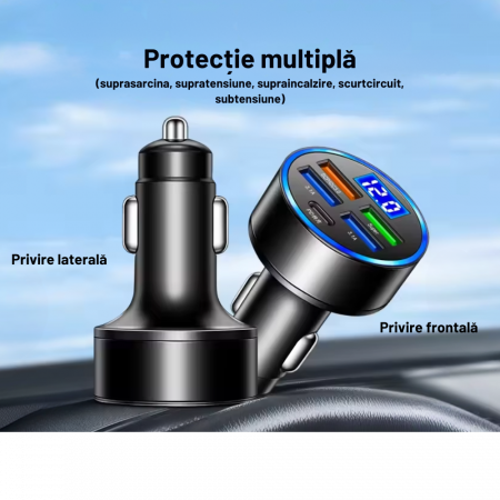 Încărcător auto cu 4 porturi USB + 1 port PD Type-C (QC3.0) cu afișaj digital LED și Încărcare rapidă pentru orice telefon mobil [3]