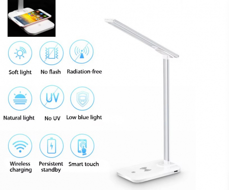 Lampă de birou LED neagră, multifuncțională, pliabilă cu încărcător wireless, modernă, pentru dormitor, birou și living [5]