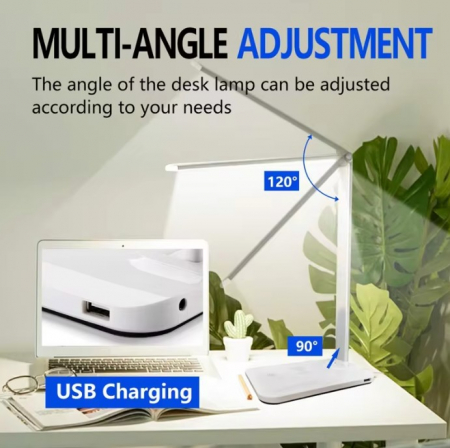 Lampă de birou LED albă, multifuncțională, pliabilă cu încărcător wireless, modernă, pentru dormitor, birou și living. [3]