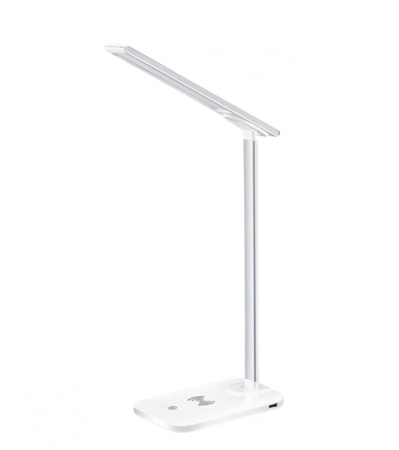 Lampi - Lampă de birou LED albă, multifuncțională, pliabilă cu încărcător wireless, modernă, pentru dormitor, birou și living.