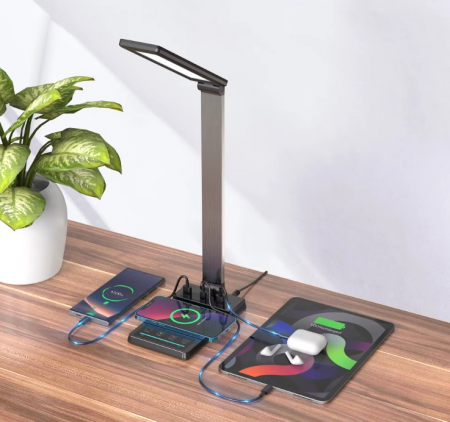 Lampă de birou LED neagră multifuncțională cu încărcare USB și încărcător wireless rapid de 15W, control tactil, ideală pentru birou și acasă. [3]