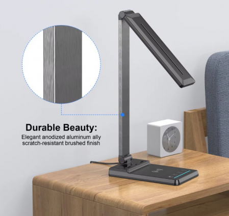 Lampă de birou LED neagră multifuncțională cu încărcare USB și încărcător wireless rapid de 15W, control tactil, ideală pentru birou și acasă. [1]