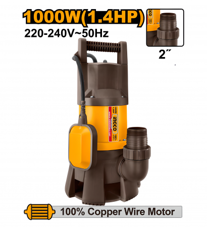 Pompa Submersibilă 1000W cu Plutitor – Pentru Apă Murdară, Debit 333 l/min, Motor Cupru