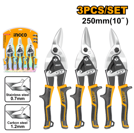 Foarfece tablă - Set 3 Foarfece Tablă INGCO – 250mm – Tăiere Stânga, Dreapta și Dreaptă