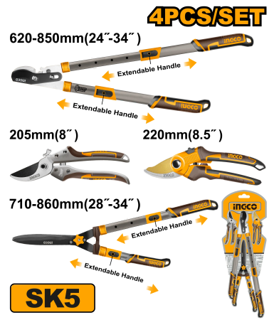 Foarfeci Grădină - Set Foarfeci pentru Pomi INGCO 4 Bucati SK5 Telescopic