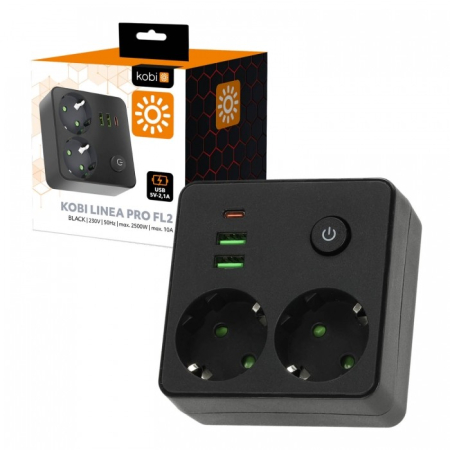 Prize, Adaptoare și Splittere Electrice - Splitter LINEA PRO FL2 2x230V + USB-A + USB-C Negru Kobi