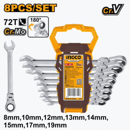 Chei combinate cu clichet - Trusa de Chei Combinate 8-19 cu Clichet si Cap Flexibil 8pcs