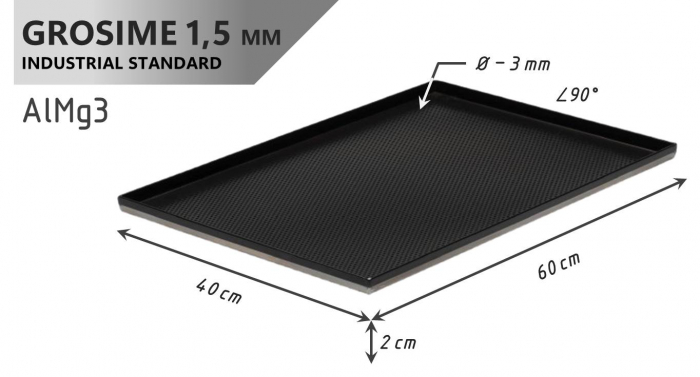 Tava Patiserie Perforata Soing, Antiaderenta, Dreptunghiulara, Aluminiu 1,5 mm, 60 x 40 x 2 cm, 4 laturi 90° [4]