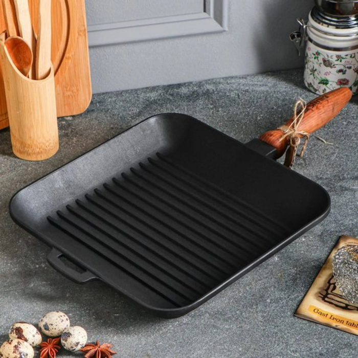 Tigaie Grill din Fonta cu Maner din Lemn Maysternya T307 – 28x28x4 cm [8]