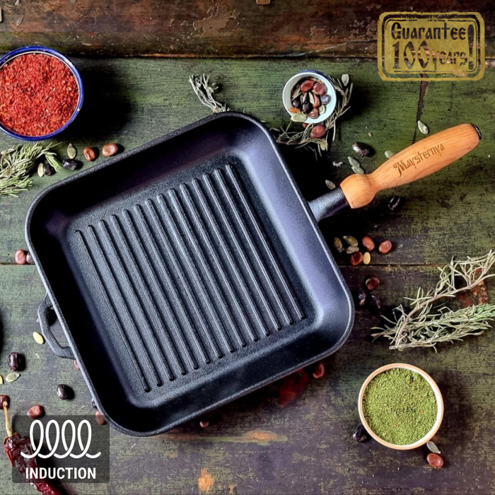 Tigaie Grill din Fonta cu Maner din Lemn Maysternya T307 – 28x28x4 cm [2]