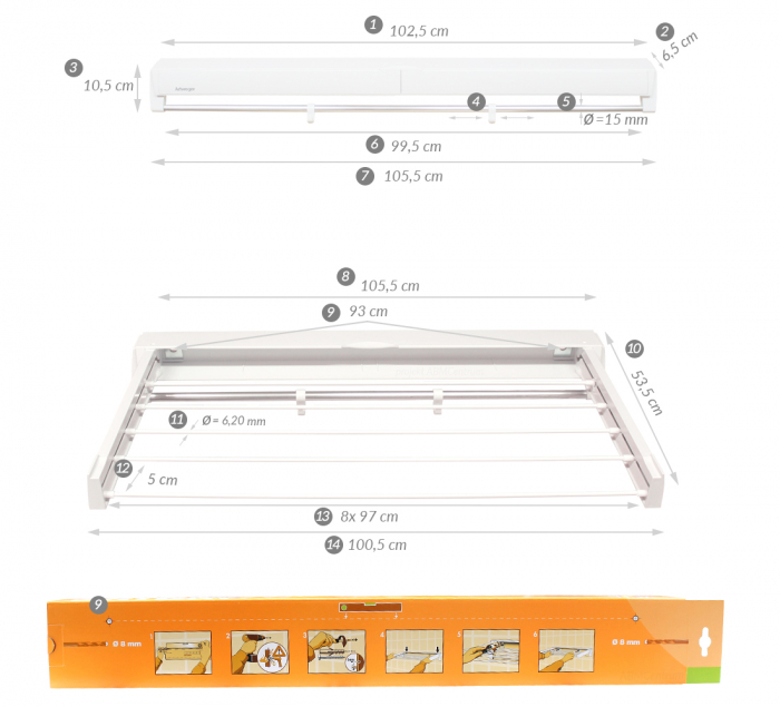 Uscator rufe Juwel Artdry 105,5 x 53,5 cm - Montabil pe perete, Alb [10]