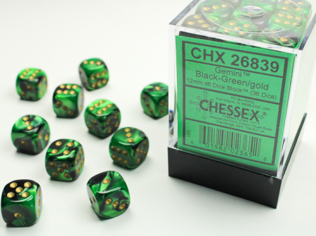 Accesorii - Set Zaruri Chessex Gemini Black-Green/Gold 12mm d6